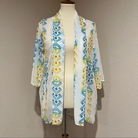 Peach Love California Other - Peach Love California Aztec Geometric Kimono Sheer Ivory Chiffon Boho USA M